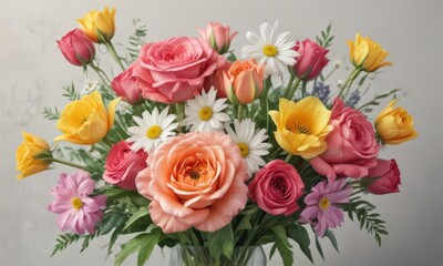 Vibrant watercolor bouquet of roses, daisies, and tulips  ,  art,  bouquet