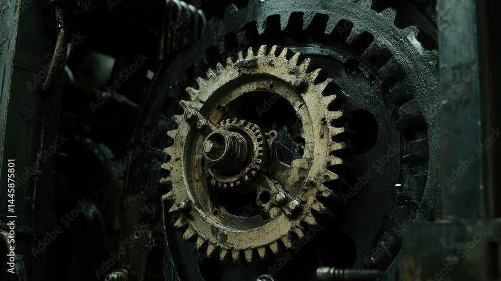 Poster Mesmerizing interplay of cogwheels with intricate design a captivating glimpse into metallic machinery process