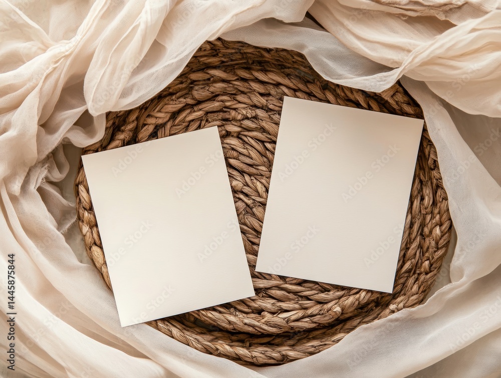 Poster two blank cards on woven surface with soft cloth create a stylish presentation flat lay aesthetic