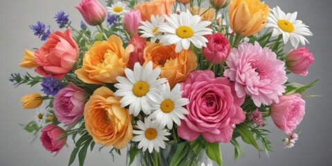 Obraz premium Vibrant watercolor bouquet, roses, daisies, tulips Summer blooms , lush, wildflower, illustration