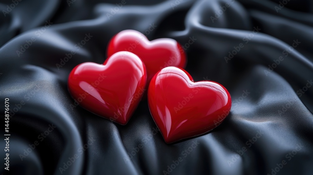 Aufkleber romantic still life of three glossy red hearts on elegant draped black silk backdrop in intimate sof