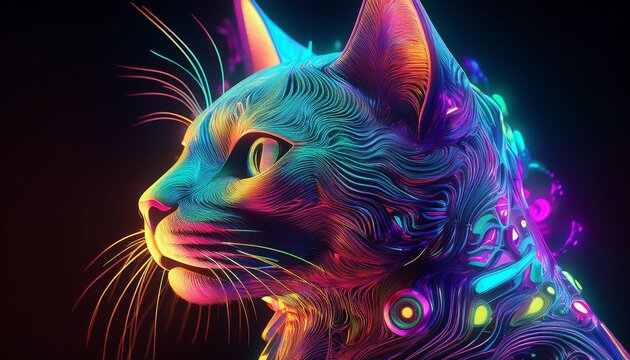 digital cat sculpture with neon colors