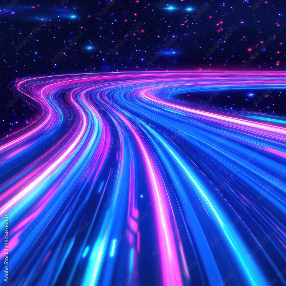 Poster futuristic blue and pink light trails against starry sky creating dynamic perspective and sense of s