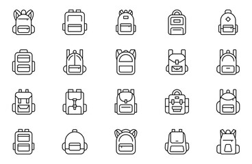 Backpack icon set. Outline set of backpack vector icons for web design isolated on white background