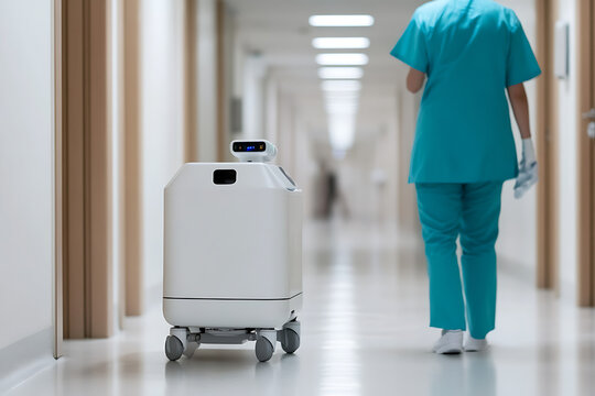 Automated robot in a hospital hallway, with a healthcare worker nearby. Efficiency and technology merge for enhanced patient care.