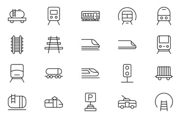 Train and railways Outline icon set. intercity, international, freight trains, linear icons. Train station line icons. Editable stroke. Outline icon collection.