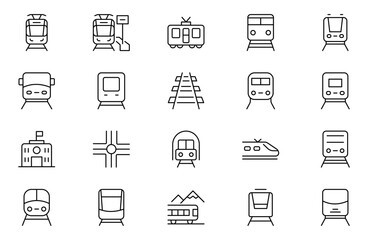 Train and railways Outline icon set. intercity, international, freight trains, linear icons. Train station line icons. Editable stroke. Outline icon collection.