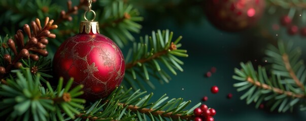 Vintage Ornament on a Wreath with Evergreen Branches, evergreen branch, wreath, festive holiday decor