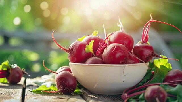 beets in a bowl in a white bowl on a wooden table. Selective focus