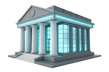 Illustration of a building with columns and windows under a triangular roof on a transparent area png on transparent background