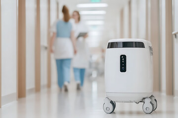 Autonomous robot moving in a medical facility. Two nurses walk away in the background. AI-powered automation of hospital tasks.