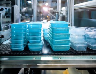 stack of polypropylene food containers on conveyor belt of automatic plastic injection molding machine automated technology concept