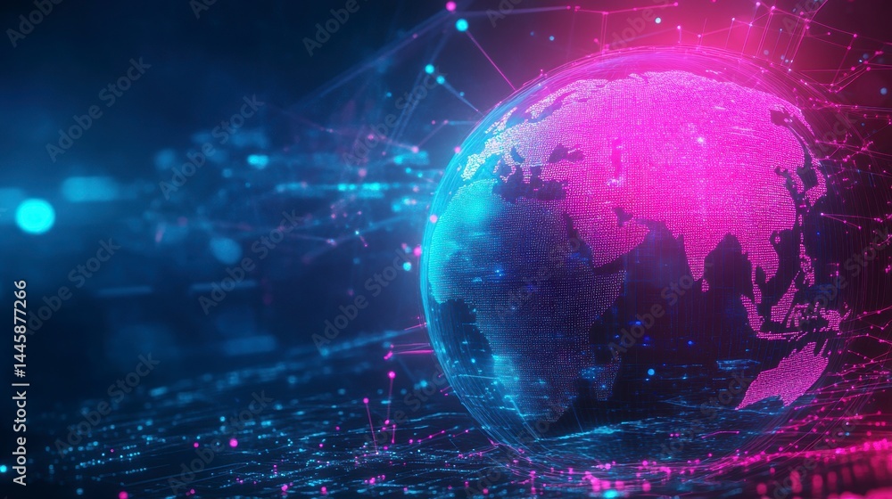Poster global network connection, digital earth glowing with pink and blue light, representing data flow an