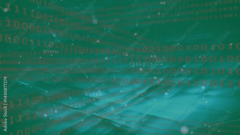 Poster red binary code scrolling across 3d wave grid, showing floating numbers connecting network lines