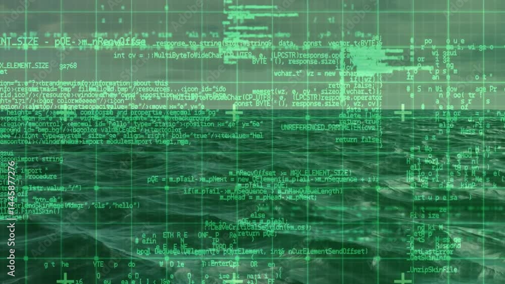 Poster ocean horizon showing rolling waves, featuring green grid overlay with circular nodes