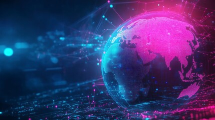 Fototapeta premium Global network connection, digital earth glowing with pink and blue light, representing data flow and communication.
