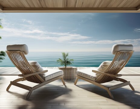 beach lounge sun lounger on sea view for vacation and summer  interior