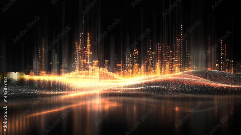 Aufkleber high-tech graph background with glowing data bars and soft light reflections on a black surface