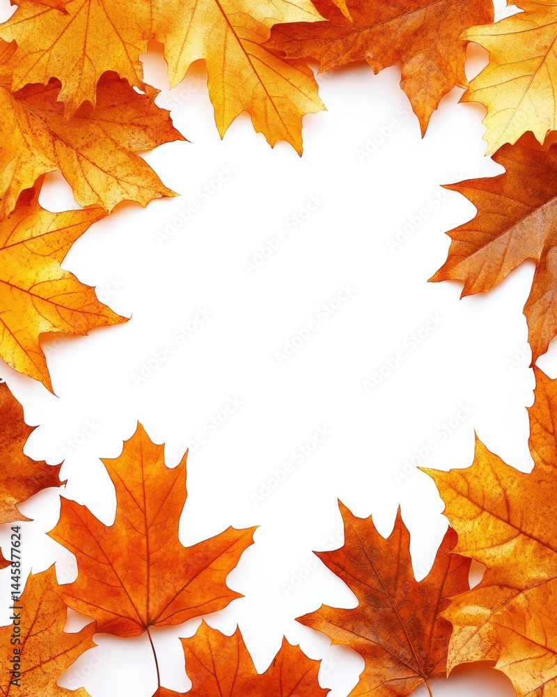 Poster autumnal maple leaves frame on white background with warm fall colors and rustic texture backdrop