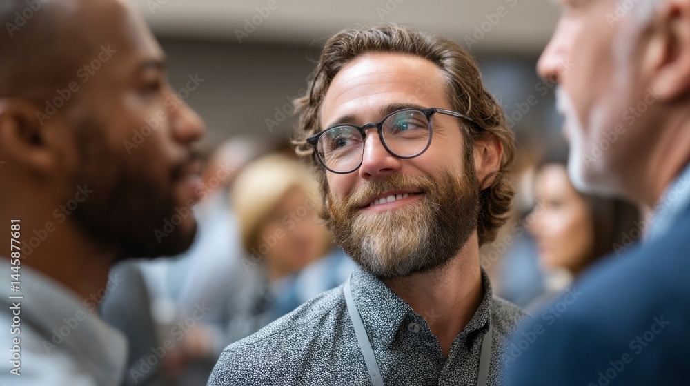 Aufkleber Groups of creative professionals engage in animated discussions at a bustling networking event, sharing insights and building connections. The atmosphere buzzes with enthusiasm and collaboration