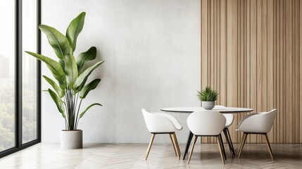Light partal, round table, tall plant, and herringbone floors set a minimalist tone in this modern, light-filled space
