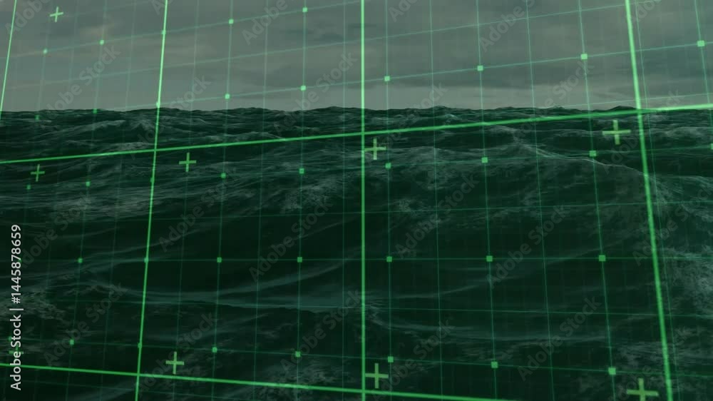 Poster ocean waves being overlaid with neon green grid lines and square nodes, showing plus markers