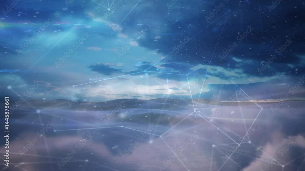 Poster glowing network nodes animating over cloudy horizon, with interconnected lines and light flares