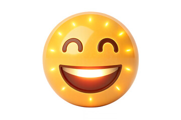 Illuminated yellow emoji with closed eyes and big smile glowing warmly in the darkness around it png on transparent background