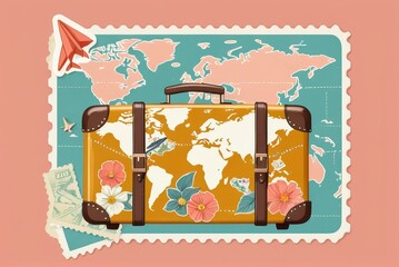 Obraz premium A vintage travel sticker: cartoon suitcase, faded postage stamp textures, 1960s pop art palette (mustard, coral). Vintage retro suitcase adorned with travel stickers, illustration, icon.