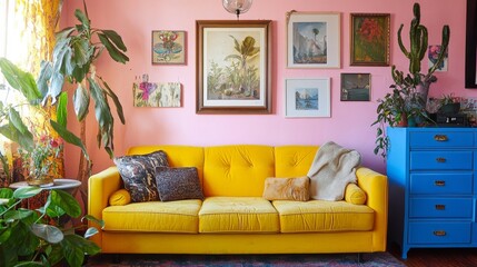 Mustard-yellow sofa, pink walls, blue drawer unit, and eclectic art define this bold, artistic space filled with personality