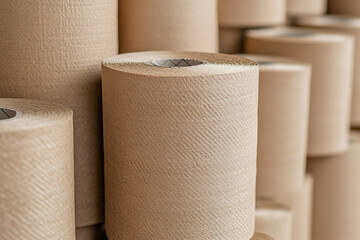 Stacks of recycled brown paper rolls. Eco-friendly, sustainable materials. Close-up view of texture and pattern.