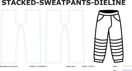 Stacked sweatpants dieline with manufacturing dimensions and design area for garment production industry