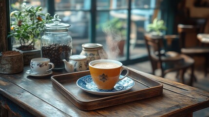 Steaming Coffee Cup on a Wooden Tray with Floral Design in a Rustic Cafe Interior