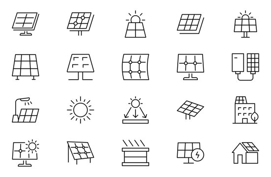 Solar panel outline icon set. Sun power photovoltaic PV home system and renewable electric energy technology editable stroke line signs house, cell, battery, vehicle