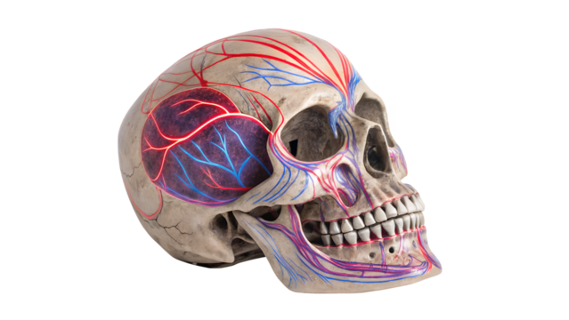Anatomical skull model displaying the cranial vasculature and neural pathways in vivid colors png on transparent background