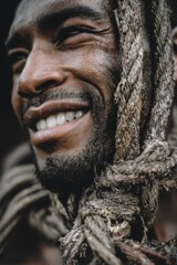 A close-up of a smiling man with a rope, capturing a raw and engaging expression.