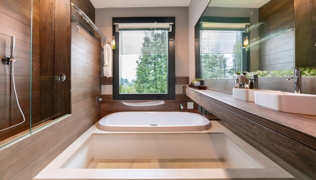 master modern bathroom interior in luxury home with dark hardwood cabinets white tub and glass door shower