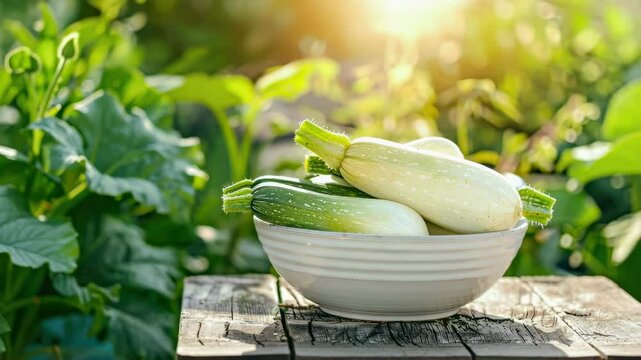 fresh zucchini in a bowl in a white bowl on a wooden table. Selective focus