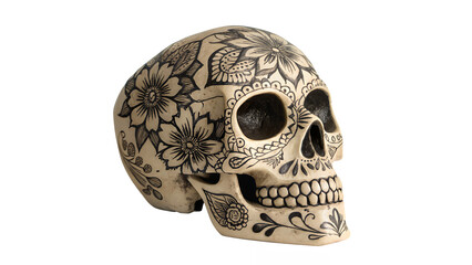 Side view of a decorated skull with floral designs and visible teeth PNG
