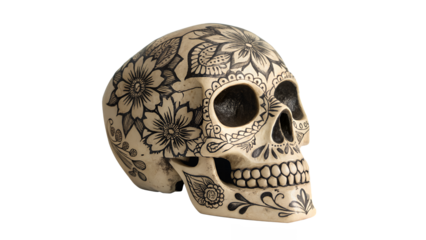 Side view of a decorated skull with floral designs and visible teeth PNG
