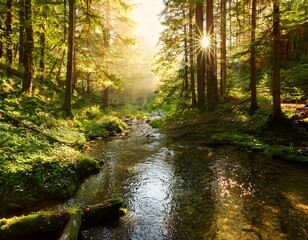 Obraz premium forest creek in warm sunlight