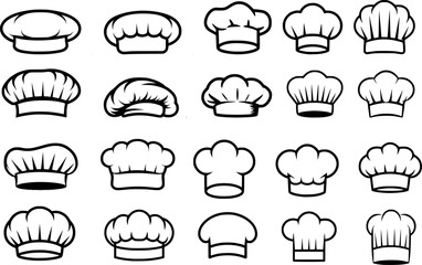 Chef, Baker, and Cook Hat vector Set – Black Vector Outline Collection of Culinary Headwear Including Toques, Caps, and Berets – Isolated on transparent Background