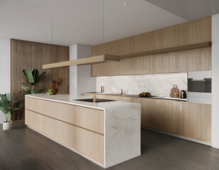 modern kitchen interior design high angle view of kitchen white stone countertop and wooden cabinets illustration
