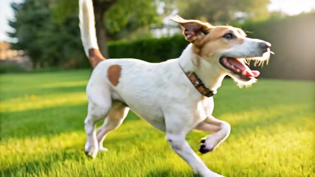 Joyful dog running freely on green grass during a sunny day, full of energy and happiness.