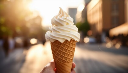 creamy vanilla soft serve ice cream cone on sunny day with blurred urban background