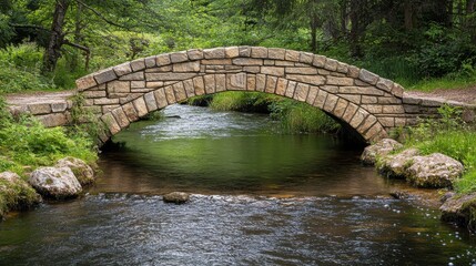 Stone arch bridge over serene stream surrounded by lush greenery