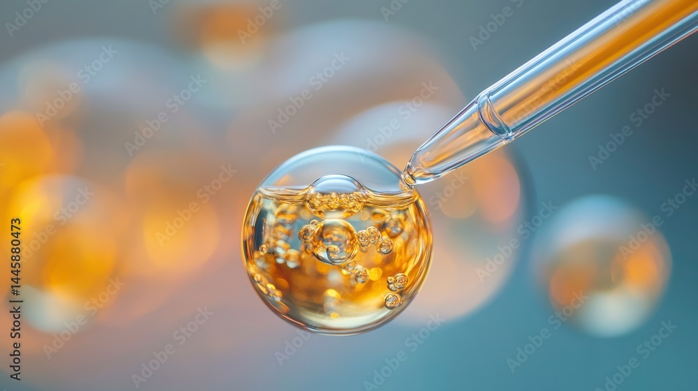 Poster close-up of a pipette dropping golden liquid into a transparent sphere against a blurred background 