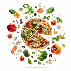 Colorful Vegetable Pizza Surrounded by Fresh Ingredients and Herbs