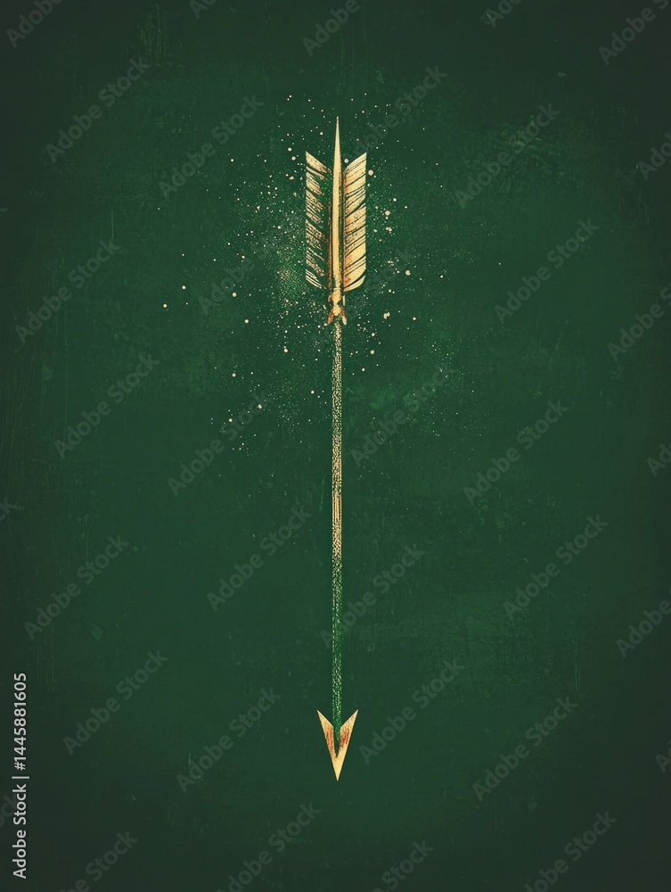 Poster golden arrow pixelated on a dark green background. the arrow has a feathered end and a pointed tip, 
