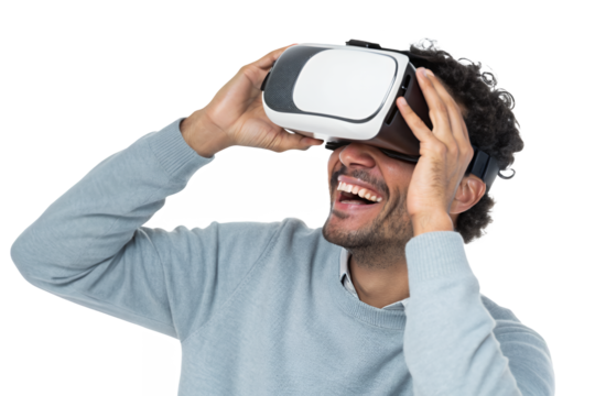 A smiling man with curly hair looks up, wearing a virtual reality headset against a transparent background - Powered by Adobe